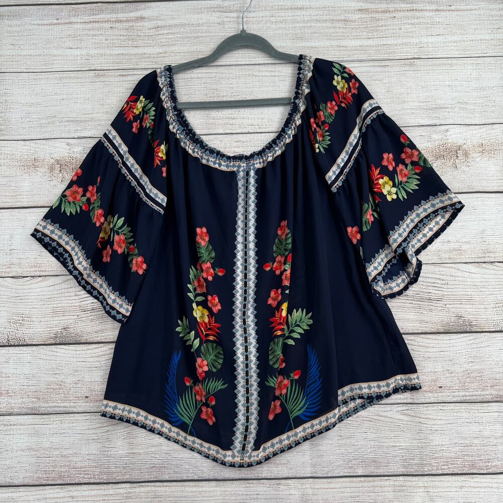 Flower & Feather Off Shoulder Floral Blouse Womens 2XL Navy Blue Semi Sheer